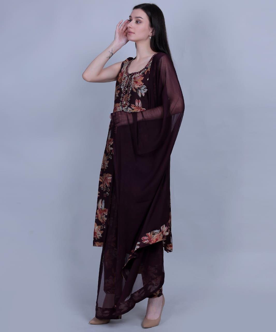 Elegant Maroon Muslin 3-Piece Suit Set for Women | Kurta, Pants & Dupatta
