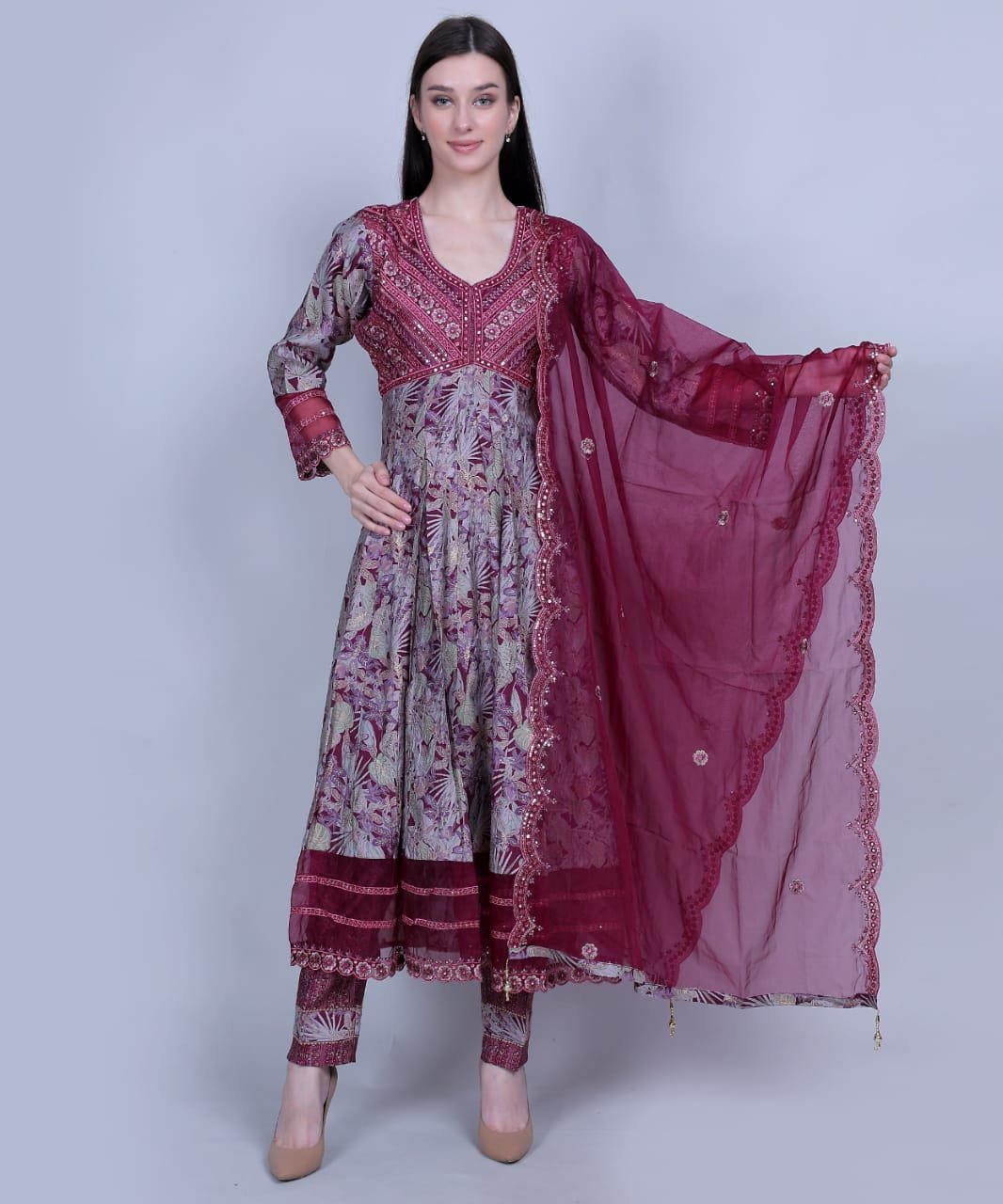 Designer Wine Muslin 3-Piece Suit Set for Women | Kurta, Pants & Embroidered Dupatta
